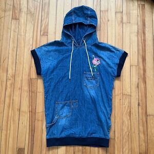 Love Moschino Blue Denim Hoodie Dress Short Sleeve Embroidered Flower Eye USA 6